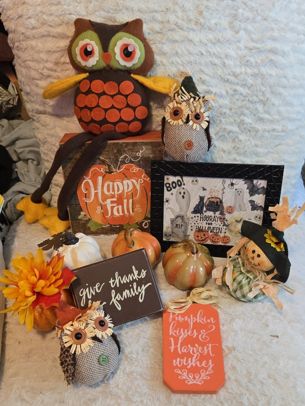 Autumn Owl Plush and Harvest Decor Set Huge Bundle